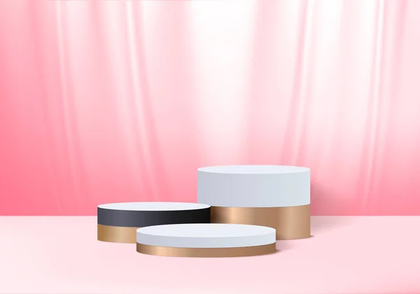 cosmetic background podium. minimal scene with geometrical forms. Cylinder podium in pink background. Scene to show cosmetic product, Showcase. 3d vector render for product display.