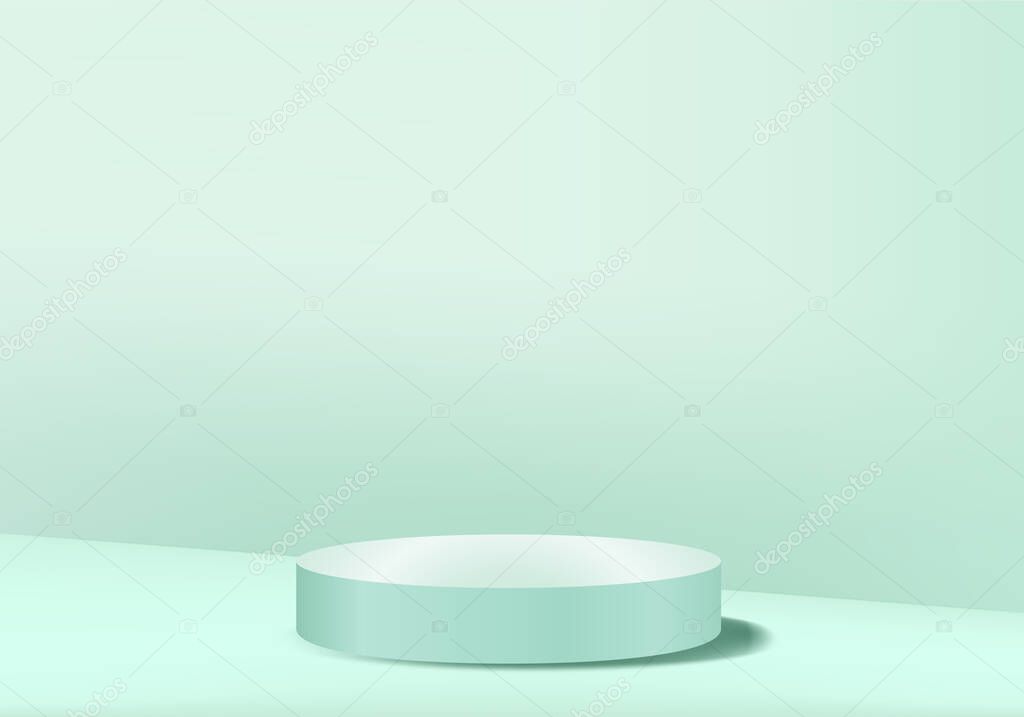 green pastel product Podium on background. Abstract minimal geometry concept. Studio stand platform theme. Exhibition and business marketing presentation stage. 3D illustration rendering graphic design