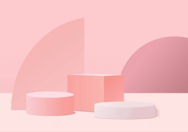 Arkaplan vektörü 3d pembe renkte, podyum ve en az pembe duvar sahnesi, soyut arka plan 3d, soyut geometrik şekil pembe pastel renkte. Modern web sitesinde ödül için sahne. 3D stand for show kozmetik ürünleri.