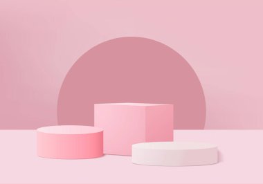 Arkaplan vektörü 3d pembe renkte, podyum ve en az pembe duvar sahnesi, soyut arka plan 3d, soyut geometrik şekil pembe pastel renkte. Modern web sitesinde ödül için sahne. 3D stand for show kozmetik ürünleri.