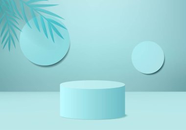 Arkaplan vektörü 3d mavi renkte silindir podyum ve yaz duvarı sahnesi, soyut arkaplan 3d, soyut geometrik şekil mavi pastel renkte. Kozmetik gösterimi için 3d düzenleme