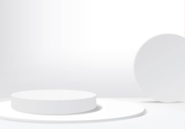 Arkaplan vektörü 3d beyaz podyum ve minimal beyaz duvar sahnesi, soyut arkaplan 3d, soyut geometrik şekil, beyaz pastel renk. Modern web sitesinde ödül için sahne. 3D stand for show kozmetik ürünleri.