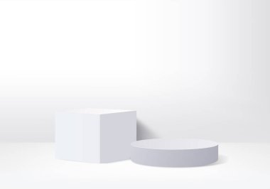 Soyut mavi kompozisyonda podyum, 3D renkte, 3D resimli, 3d arkaplan modeli 3d Mavi, podyum ve minimum pembe duvar sahnesi, 3d soyut geometrik şekil mavi pastel rengi. Ödüller için modern web sitesinde sahne.