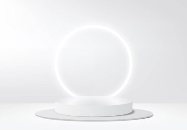 Arkaplan vektörü 3d beyaz podyum ve minimal beyaz duvar sahnesi, soyut arkaplan 3d, soyut geometrik şekil, beyaz pastel renk. Modern web sitesinde ödül için sahne. 3D stand for show kozmetik ürünleri.