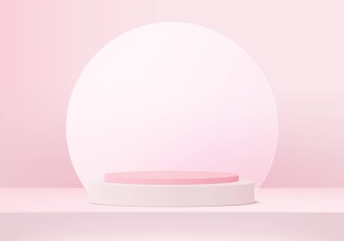 Arkaplan vektörü 3d pembe renkte, podyum ve en az pembe duvar sahnesi, soyut arka plan 3d, soyut geometrik şekil pembe pastel renkte. Modern web sitesinde ödül için sahne. 3D stand for show kozmetik ürünleri.