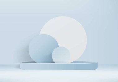 Arkaplan vektörü 3d mavi renkte silindir podyum ve yaz duvarı sahnesi, soyut arkaplan 3d, soyut geometrik şekil mavi pastel renkte. Kozmetik gösterimi için 3d düzenleme