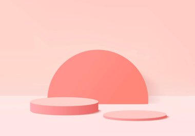 Arkaplan vektörü 3d mercan pembesi silindir podyum ve minimum pembe yaz sahnesi, soyut arkaplan 3d soyut geometrik pembe pastel renkler. Ürün kozmetik gösterimi için aşama