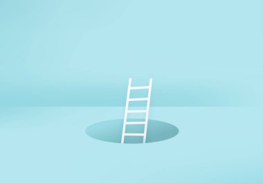 3D çizim merdiveni arka planında asgari fikir kavramı. Tek yönlü iş ve tek bir kişinin farklı bir şekilde işaret etmesi. Yeni fikir yaratıcılığı ve yenilikçi çözüm için iş kavramı