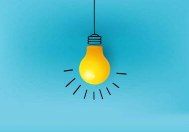 Yaratıcı fikir, ilham, yeni fikir ve icat konsepti vektörü üzerinde sarı ampul olan mavi arka plan. Pastel renklerde parlak mavi arkaplanda bir ampul. Minimalist kavram, iş fikri.