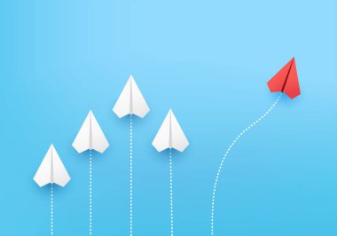 Ticari konsept, bir yönde kağıt uçak grubu olarak asgari düzeyde ve üç boyutlu canlandırma vektörü üzerinde yaratıcı yenilikçi çözüm için farklı yönleri gösteren tek bir birey ile. Yeni fikirler için liderlik.
