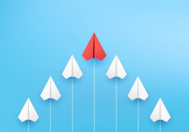 Ticari konsept, bir yönde kağıt uçak grubu olarak asgari düzeyde ve üç boyutlu canlandırma vektörü üzerinde yaratıcı yenilikçi çözüm için farklı yönleri gösteren tek bir birey ile. Yeni fikirler için liderlik.