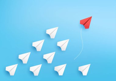 Ticari konsept, bir yönde kağıt uçak grubu olarak asgari düzeyde ve üç boyutlu canlandırma vektörü üzerinde yaratıcı yenilikçi çözüm için farklı yönleri gösteren tek bir birey ile. Yeni fikirler için liderlik.