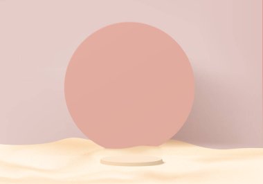 Arkaplan vektörü 3d mercan pembesi silindir podyum ve kum ile minimum yaz sahnesi, soyut arkaplan 3d soyut geometrik pembe pastel renkler. Sahne ürün kozmetik ekran, silindir soyut minimal sahne platform ile. 