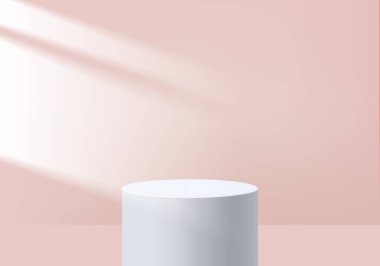 Arkaplan vektörü 3d mercan pembesi silindir podyum ve minimum yaz sahnesi, soyut arkaplan 3d soyut geometrik pembe pastel renkte. Sahne ürün kozmetik ekran, silindir soyut minimal sahne platform ile. 