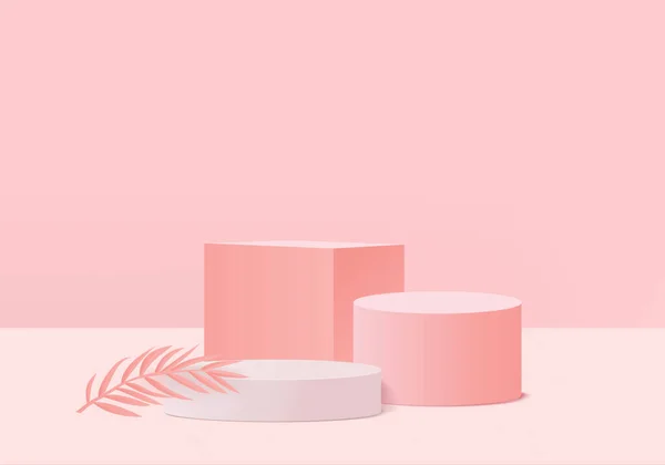 背景ベクトルの3Dピンクのレンダリングと表彰台と最小限のピンクの壁のシーン 最小限の抽象的な背景の3Dレンダリング抽象的な幾何学的な形状のピンクパステルカラー 現代のウェブサイト上の賞のためのステージ 化粧品を展示するためのスタンド3D — ストックベクタ