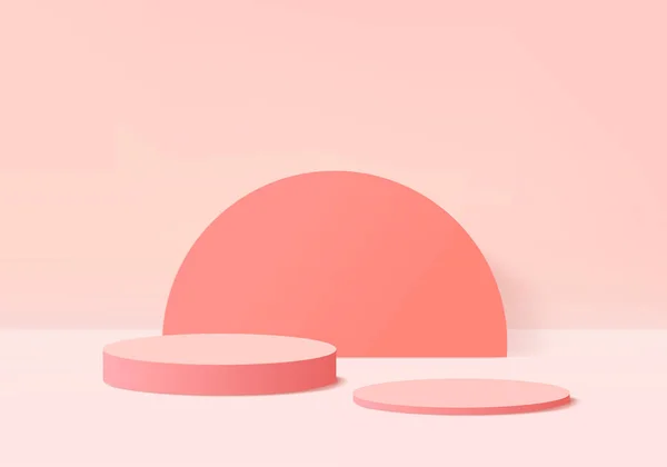 背景矢量3D珊瑚粉色与圆柱形讲台和最小粉红色夏季场景 抽象背景3D渲染抽象的几何粉红色彩色图像 产品化妆品展示台 — 图库矢量图片