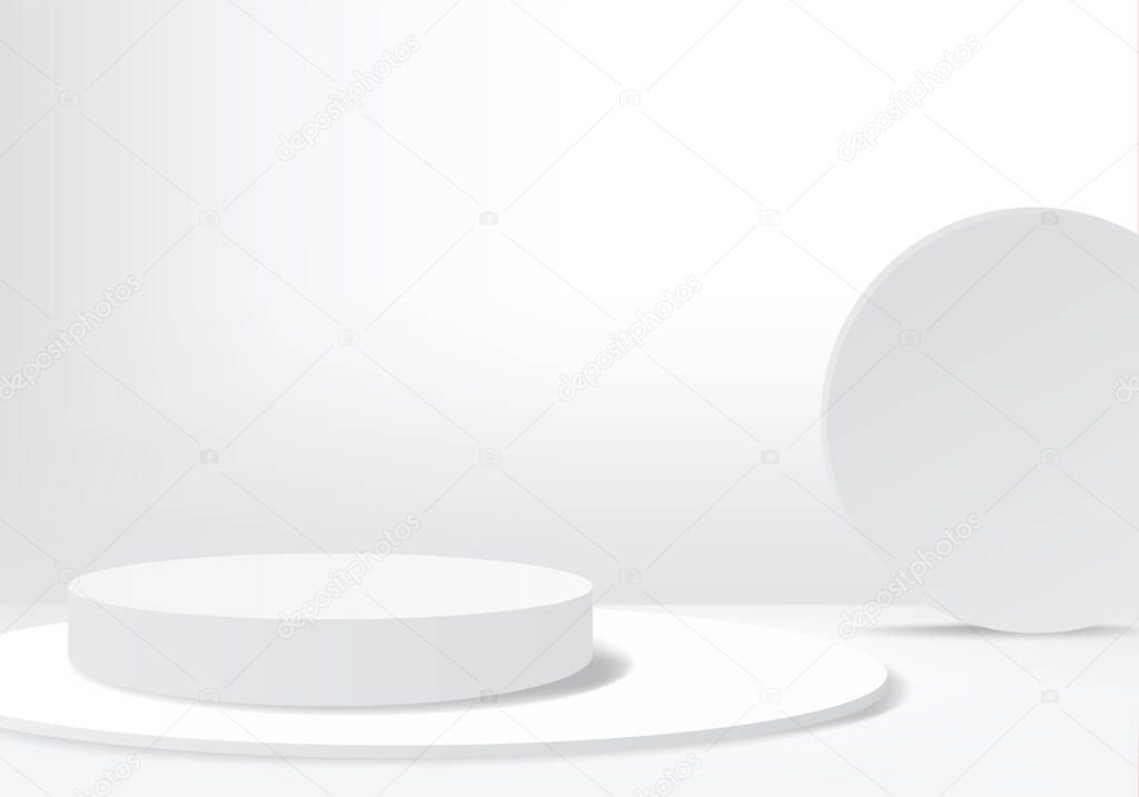 Background vector 3d white rendering with podium and minimal white wall scene, minimal abstract background 3d rendering abstract geometric shape white pastel color. Stage for awards on website in modern. stand 3d for show cosmetic products.