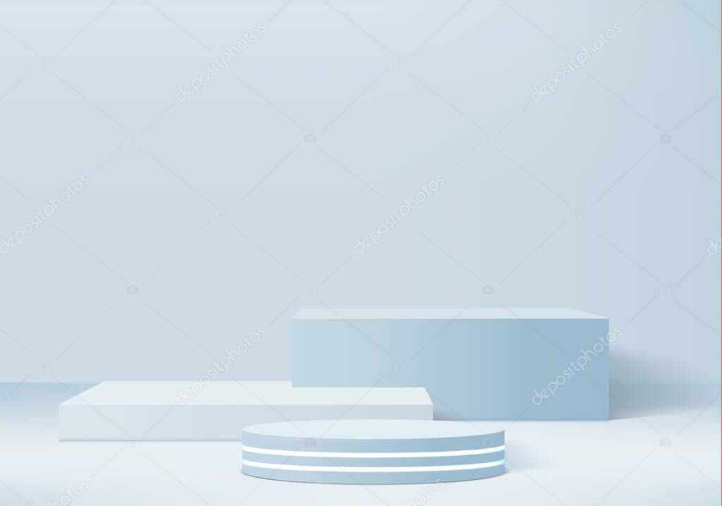 Background vector 3d blue rendering with cylinder podium and summer wall scene, minimal abstract background 3d rendering abstract geometric shape blue pastel color. Stage 3d rendering for show cosmetic