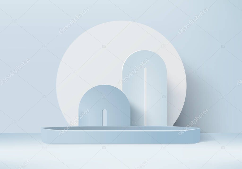Background vector 3d blue rendering with cylinder podium and summer wall scene, minimal abstract background 3d rendering abstract geometric shape blue pastel color. Stage 3d rendering for show cosmetic