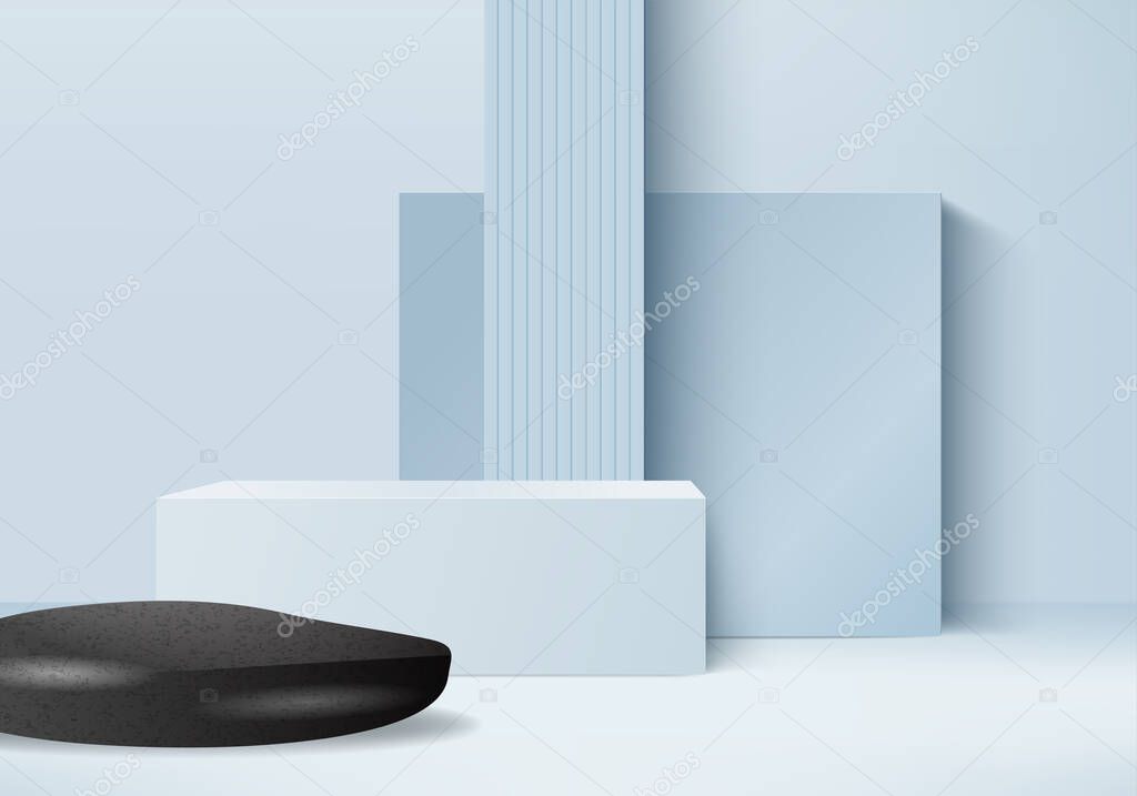 Background vector 3d blue rendering with cylinder podium and summer wall scene, minimal abstract background 3d rendering abstract geometric shape blue pastel color. Stage 3d rendering for show cosmetic