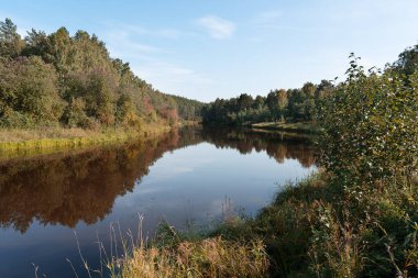 Doğal sonbahar manzarası, çevresindeki ağaçların yeşil, sarı ve kırmızı yapraklı yansımalarıyla, ılık havalarda mavi güneşli gökyüzünün geniş ve sessiz nehrine sahiptir. Yatay yönelim resmi