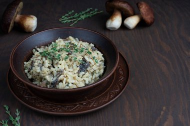 Kremalı mantarlı risotto veya İtalyan arborio pilavı çorbası, mantar, kekik, beyaz şarap, zeytinyağı ve parmesan peyniri ile pişirilmiş mutfakta koyu kahverengi ahşap arka planda. Kopyalama alanı olan resim