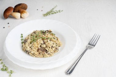 Kremalı risotto ya da İtalyan arborio pilavı çorbası, mantar, kekik, beyaz şarap ve parmesan peyniri ile pişirilip mutfakta beyaz ahşap arka planda servis edilir. Kopyalama alanı olan resim