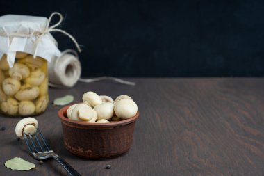 Ev yapımı organik mantar turşusu ve mayalanmış mantarlar. Koyu ahşap arka planda defne yaprağıyla kil tabakta servis ediliyor. Mutfakta cam kutuya karşı. Kopyalama alanı olan resim, yatay