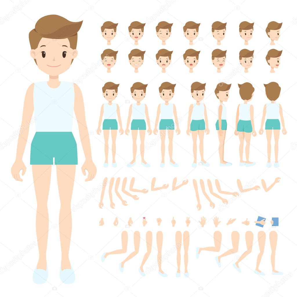 Young man in white singlet and brown shorts. Front, back, side, 3/4 view, turn around character. Flat cartoon boy with parts of body, face expression, arm, leg, and hand pose. Vector illustration.