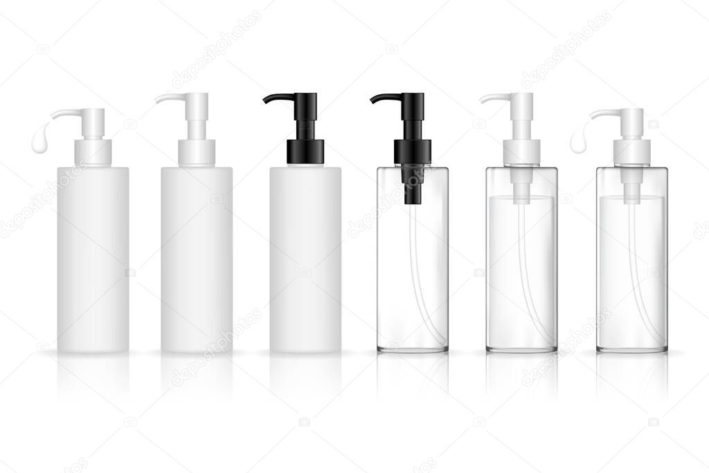 Cosmetic plastic bottle with dispenser pump. Transparent liquid container for gel, lotion, cream, shampoo, bath foam. Beauty product package, vector illustration.