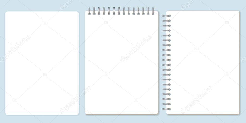 Blank paper set, template of spiral notebook and notepad sheets. Vector Illustration.