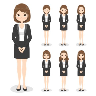 Ofis elbiseli, el pozu ve saç stili olan genç bir iş kadını. Resmi üniformalı düz çizgi film kızı (elbise, takım elbise). Vektör illüstrasyonu.