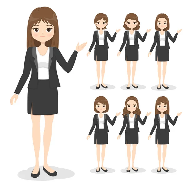 Young Business Woman Office Clothes Hand Poses Hair Style Flat — Stock Vector