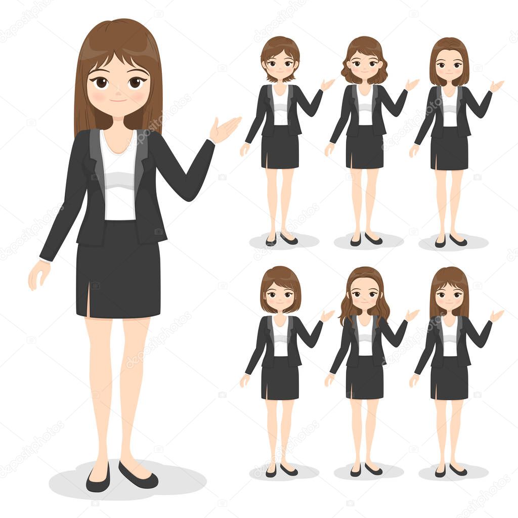 Young business woman in office clothes with hand poses and hair style. Flat cartoon girl in formal uniform (dress, suit). Vector illustration.