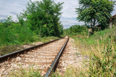 Perspektif görünümü güneşli gün ve mavi gökyüzü, endüstriyel kavramsal arka plan, ulaşım demiryolu Turizm İstasyonu yeşil ormandaki yaşlı demiryolu yollarının