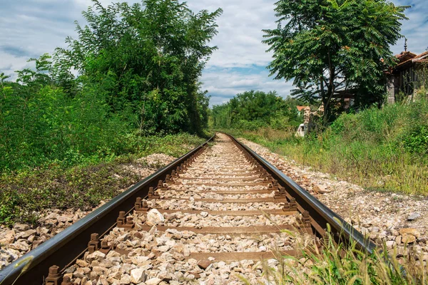 Perspektif görünümü güneşli gün ve mavi gökyüzü, endüstriyel kavramsal arka plan, ulaşım demiryolu Turizm İstasyonu yeşil ormandaki yaşlı demiryolu yollarının