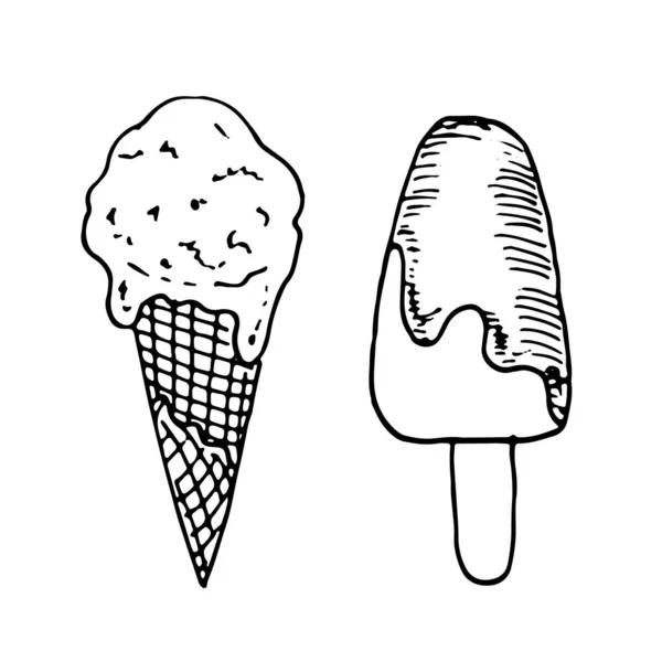 Set Dos Sabrosos Helados Aislados Sobre Fondo Blanco Dibujo Dibujado — Archivo Imágenes Vectoriales