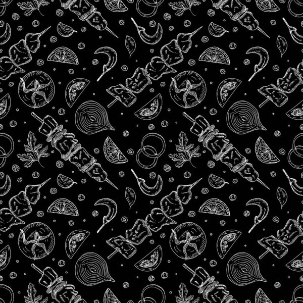 Seamless pattern with street food elements on black background. Vector sketch hand drawn illustration in doodle outline style. Doner kebab, shashlik, shawarma, skewer, vegetable, barbecue, vegetable