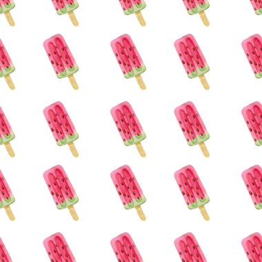Beyaz sırtında tahta çubuk üzerinde karpuz şekeri olan kusursuz bir desen. Çizgi film tarzında suluboya el çizimi. Merhaba yaz, tatil, çocuklar tatlım, ferahlatıcı, basılı