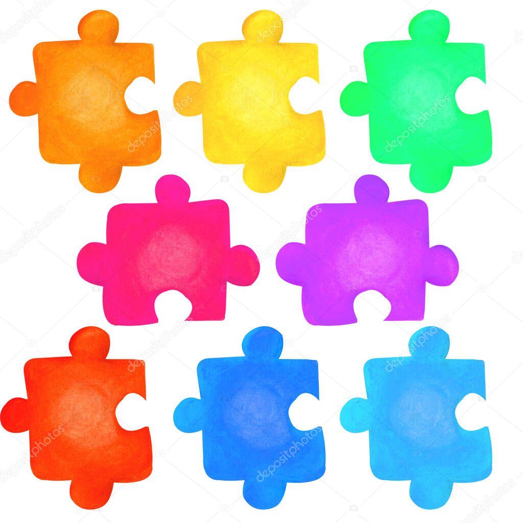 Set of colorful jigsaw puzzles isolated on white background. Symbol of autism awareness day. Watercolor hand drawn illustrations in cartoon realistic style. Concept og children games, education