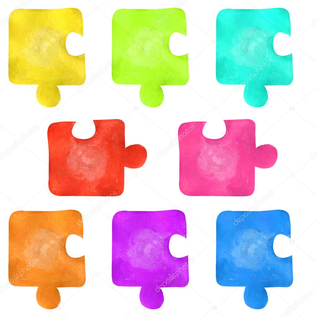 Set of colorful jigsaw puzzles isolated on white background. Symbol of autism awareness day. Watercolor hand drawn illustrations in cartoon realistic style. Concept og children games, education