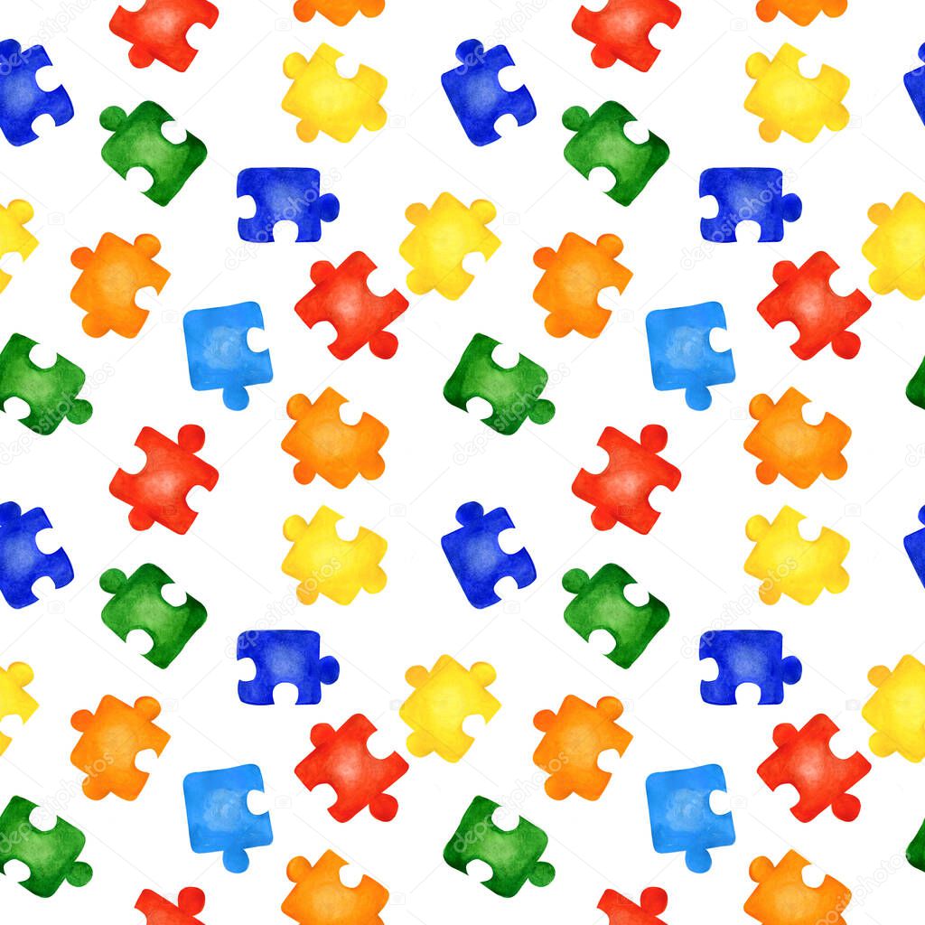 Seamless pattern with colorful jigsaw puzzles on white background. Watercolor hand drawn illustration. Concept of autism awareness, team building, children play board games, print colorful, summer