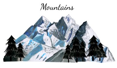 Everest 'in ağaç siluetiyle dağların manzarası. Suluboya elle çizilmiş gerçekçi bir resim. Doğa kavramı, tırmanış, kamp, yaz tatili, kış kayağı, spor, yürüyüş