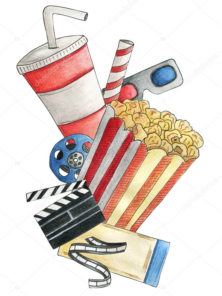 Cinema invitation for watching movies. Cup of coffee, juice, water, popcorn, 3d glasses, ticket, filmstrip, shots clapper. Watercolor hand drawn illustrations in realistic style. Open air theater
