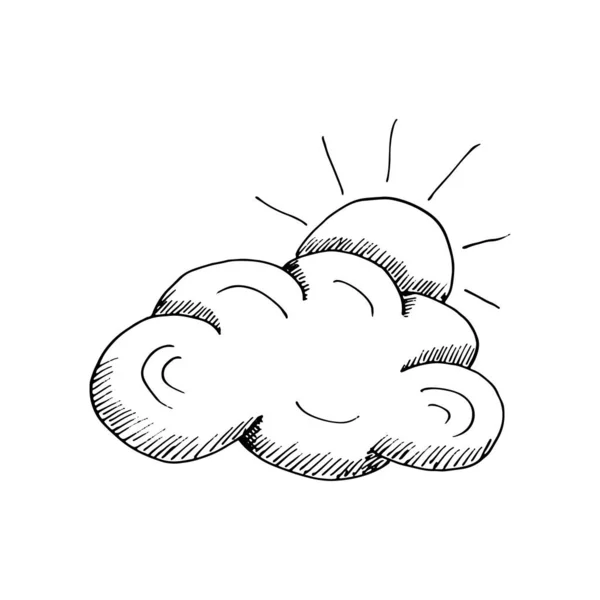 太陽は雲から隠れている 夏の曇りの天気予報 ドアアウトラインスタイルでベクター手描きスケッチイラスト 空の概念は 日焼け 刻まれた — ストックベクタ