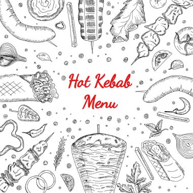 Baharatlı donör kebap menüsü tasarımı. Shawarma ve et şiş, ızgara sebze, sosis. Summer Street Sağlıklı Yemek, Tavuk rulosu, çerçeve. Karalama taslağında vektör el çizimi çizimi