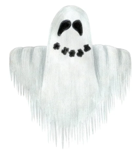 可爱的鬼魂在白色背景上孤独地微笑着 漫画中的水彩画手绘插图 假日之间的概念 恐怖的符号 — 图库照片