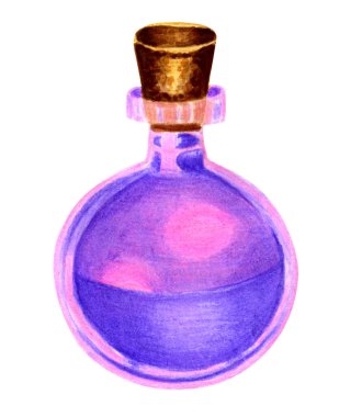 Sihirli mor aşk iksiri ve ahşap mantarlı cam şişe. Suluboya işaretleri gerçekçi çizgi filmlerde elle çizilmiş. Gizemli Cadılar Bayramı sembolü, okült, cadı, alkol, öldürmek için zehir