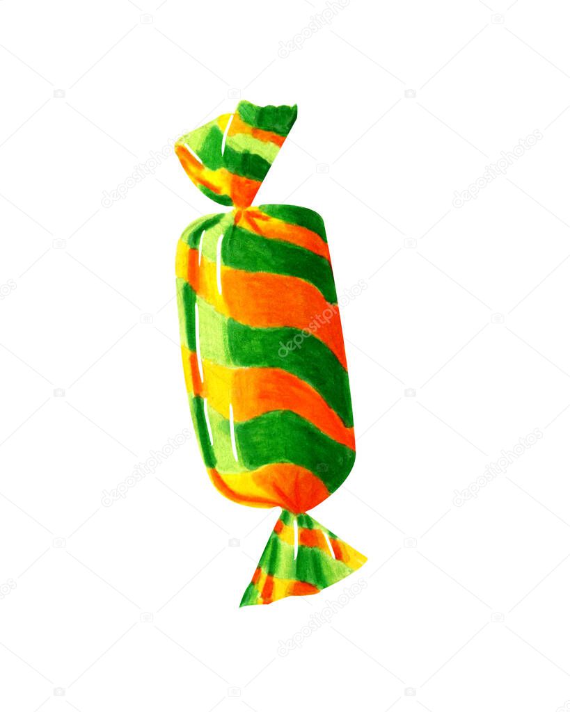 Orange and green striped candy sweet for halloween party. Treat or trick. Watercolor markers hand drawn illustration in realistic style. Concept of chocolates, autumn thanksgiving day, october holiday