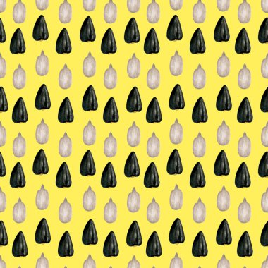 Sarı zemin üzerinde ayçiçeği tohumları olan kusursuz desen. Suluboya el resmi gerçekçi bir şekilde çizilmiş. Yaz konsepti, hasat, toplama, bitki, tuzlu atıştırmalıklar, çiftlik, çiftlik